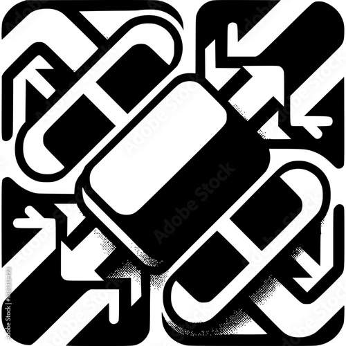 Abstract pill concept: A striking black and white design features a central pill, dynamically encircled by arrows, symbolizing the constant movement and flux of pharmaceutical concepts.