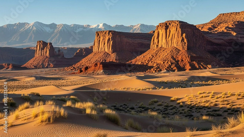 Wallpaper Mural Golden Hour Radiance Bathes Ancient Desert Monuments, Casting Dynamic Shadows Across Sweeping Sand Dunes Beneath Distant Snow-Capped Peaks Torontodigital.ca
