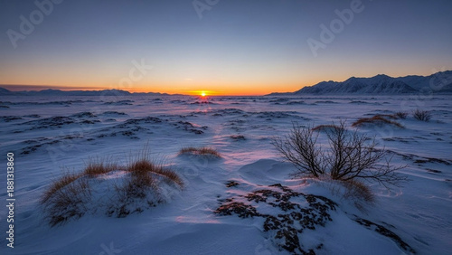 Wallpaper Mural Golden Hour Serenity A Breathtaking Winter Landscape Bathed in Sunset's Warm Glow, Featuring Snow-Covered Plains and Distant Majestic Peaks Under a Vibrant Sky Torontodigital.ca