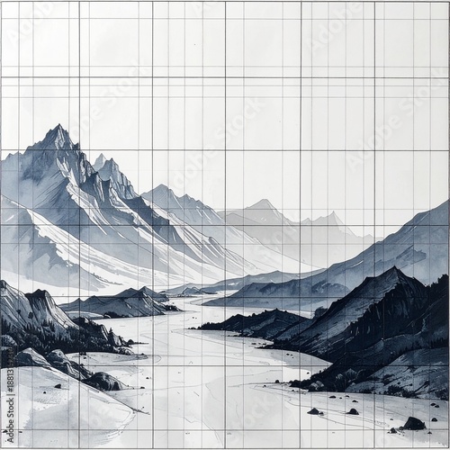 Serene Watercolor Landscape - Majestic Mountains and River Scene in Monochrome.