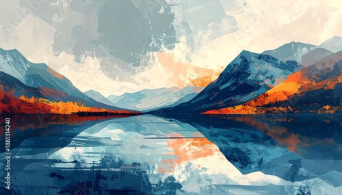 Serene Watercolor Landscape - Majestic Mountains Reflecting in Calm Waters, Autumnal Hues.