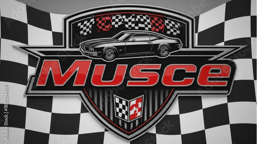 Musce Logo with Classic Car and Checkered Flags.