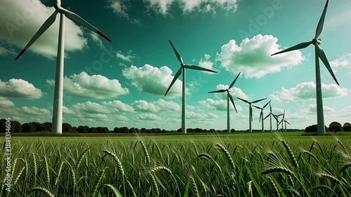 Wind turbines generating renewable energy in green field under blue sky
