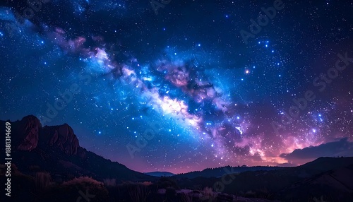 Vibrant Milky Way Galaxy Over Silhouetted Mountains Under a Starry Night Sky.