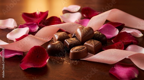 Romantic Valentine's Day Chocolate and Rose Petals