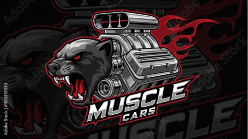 Aggressive Panther Head With Supercharged Engine And Flames.