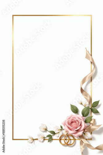 Clean wedding frame with gold line border and ring decoration corner