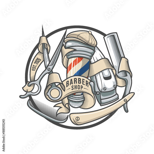 Vintage Barbershop Emblem with Barber Tools – Classic Hand Drawn Vector Illustration