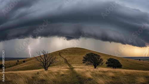 Wallpaper Mural Powerful supercell storm cloud sweeps across golden grassy hills, with striking lightning illuminating the horizon, capturing nature's raw intensity and atmospheric drama Torontodigital.ca