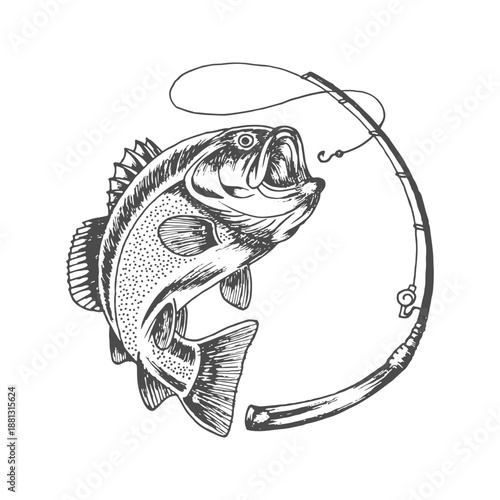 Vintage Fishing Illustration with Jumping Fish and Fishing Rod – Hand Drawn Line Art