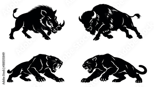 Graphic wild animal set featuring a wild boar, bison, and panthers for sports team logos and branding