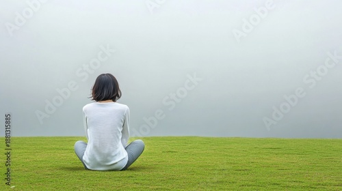 Woman sitting peacefully on grass, hugging knees