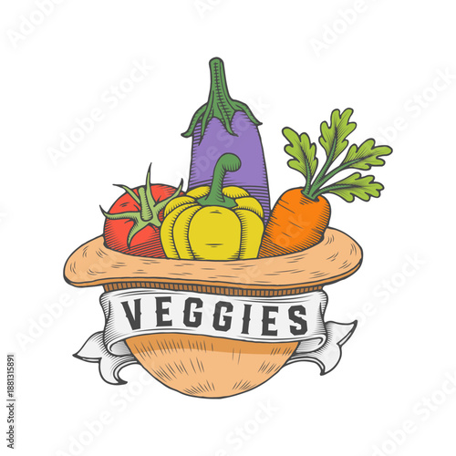 Fresh Vegetables Illustration with Vintage Badge Style – Hand Drawn Colorful Veggies