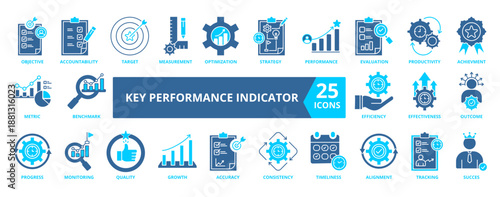 Key Performance Indicator   icon set collection in outline style. Icon pack contain Kpi, objective, accountability ,target,  measurement, optimization, strategy, performance, evaluation,  productivity