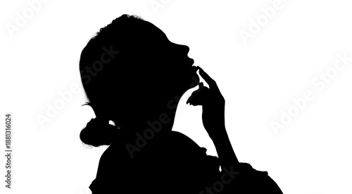 Black Silhouette of Woman Touching Lips on a white background
