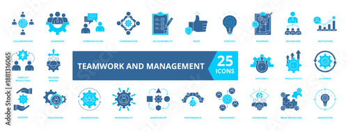 Team Work And Management icon set collection in outline style. Icon pack contain collaboration, leadership, communication, coordination, accountability, trust, strategy, planning, delegation, 