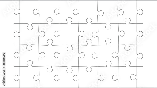 Blank jigsaw puzzle grid with interlocking pieces in clean line art style, isolated on white background, minimal template for education, game design, brainstorming and vector illustration