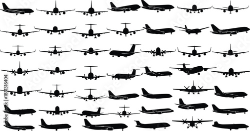 Collection of airplane silhouettes in multiple angles showing commercial jet and turboprop aircraft for aviation design transportation graphics travel industry branding and flight themed projects