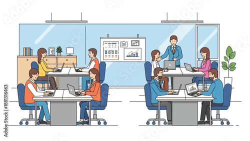 Office Workers at Desks in Modern Office.