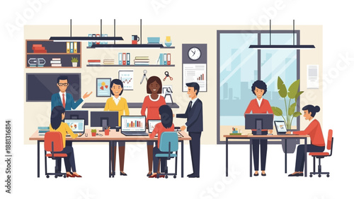 Office Workers Using Computers and Discussing.