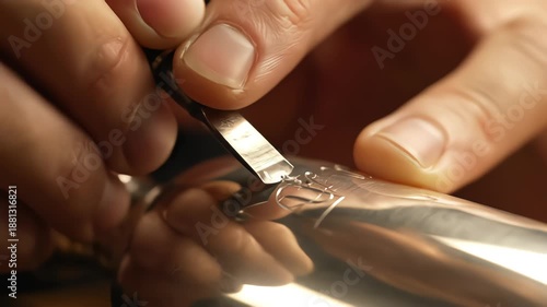 Extreme close-up of an artisan's hands using a sharp graver tool to meticulously engrave an intricate design onto a polished, reflective metal surface