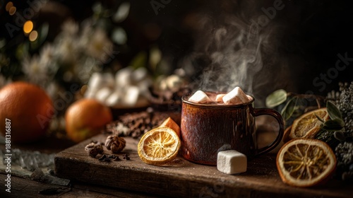 Wallpaper Mural Warm Beverage with Marshmallows and Dried Orange on Rustic Table Torontodigital.ca