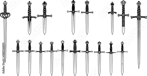 Medieval sword collection silhouette showing ornate daggers and long blades in vintage black vector style, fantasy weapon set for game, tattoo and heraldic design on white background