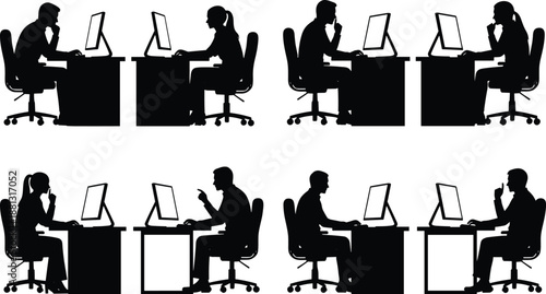 Office workers silhouette set showing men and women using desktop computers at workstations, business teamwork and productivity concept, isolated on white background, vector illustration