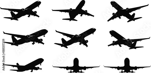 Set of commercial airplane silhouettes in different flight angles creating modern aviation collection ideal for travel, transportation, airline branding and aerospace graphic design