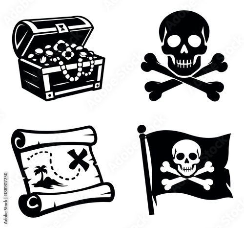 Graphic pirate symbols set featuring a treasure chest, skull and crossbones, treasure map, and pirate flag for adventure design