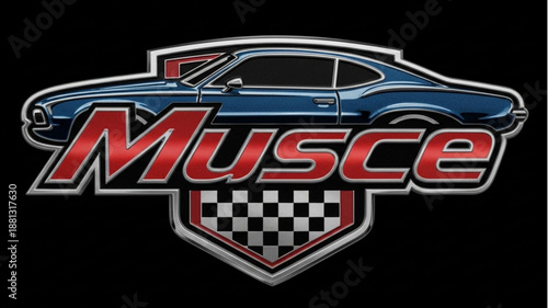 Classic Blue Muscle Car Emblem with Checkered Flag.