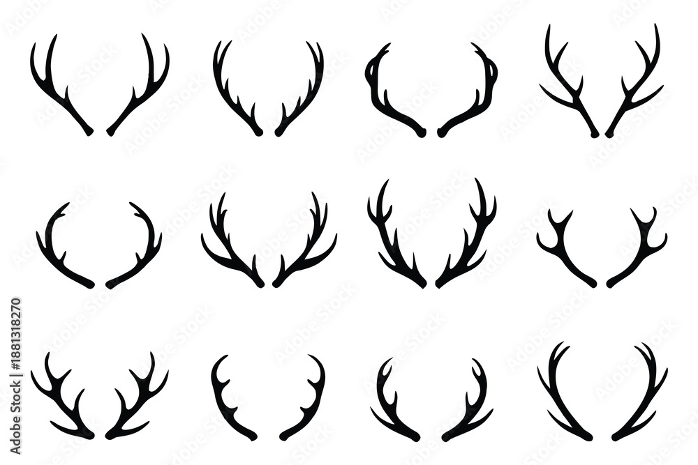 Naklejka premium Deer antlers silhouettes vector set, stag horn shapes, Deer antlers icon
