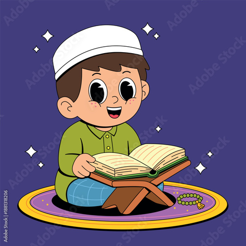 Muslim Boy Reading Quran on a Prayer Mat