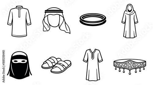 Hand drawn line art Middle Eastern clothing icons set featuring traditional robes, headscarves, sandals, and a decorative belt for cultural identity