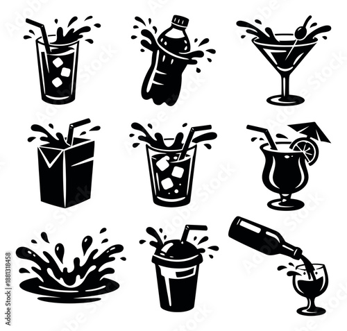 Graphic drinks set featuring refreshing beverages with splashes for summer party or menu design