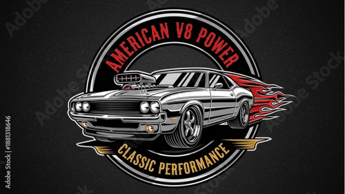 Classic American V8 Muscle Car Performance Emblem.