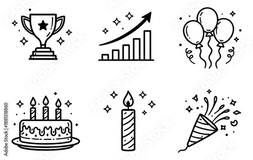 Hand drawn line art celebration set featuring a trophy, growth chart, balloons, birthday cake, candle, and party popper for special occasions