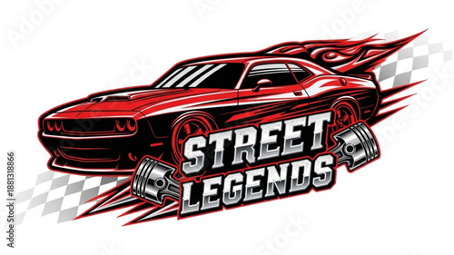 Red Muscle Car with Flames and Street Legends Text.