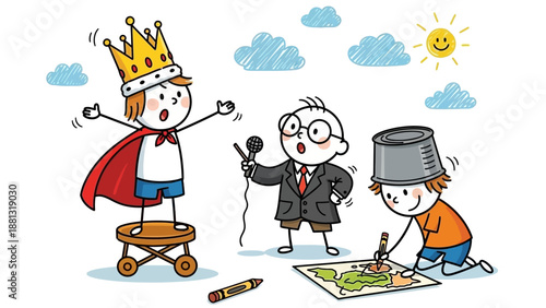 Children Playing Imagination Games: King, Reporter, Artist