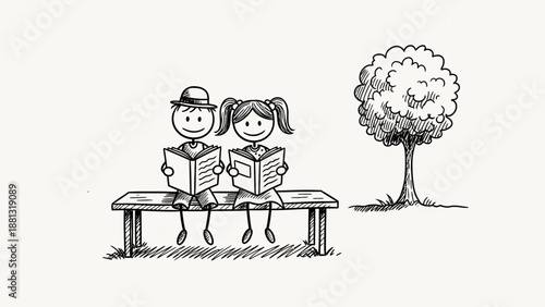 Children reading books on a bench in the park