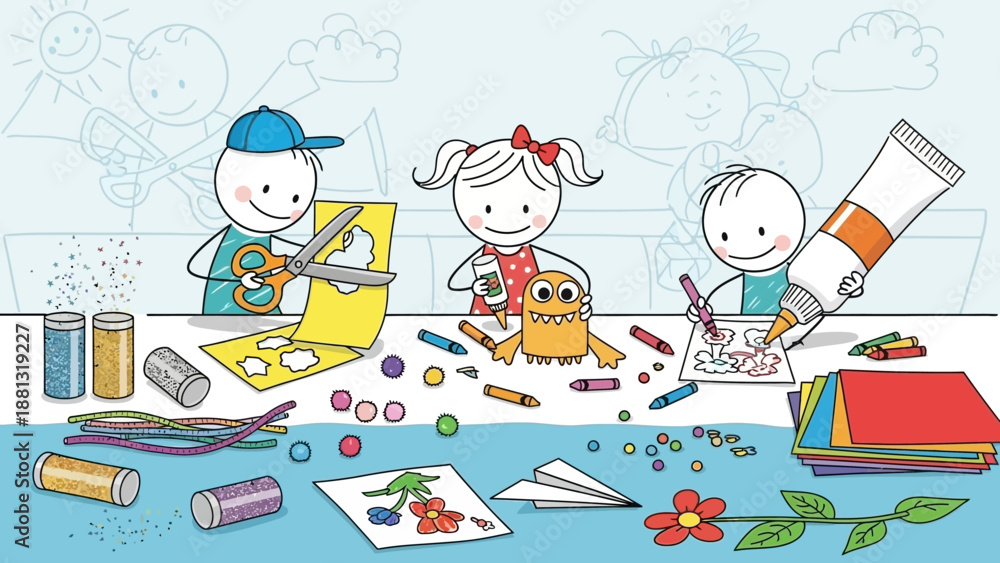 Fototapeta premium Children's Art Class: Kids Crafting, Drawing, and Creating with Supplies