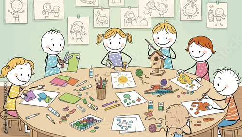 Children's Art Class: Happy Kids Creating Crafts and Drawings at a Round Table