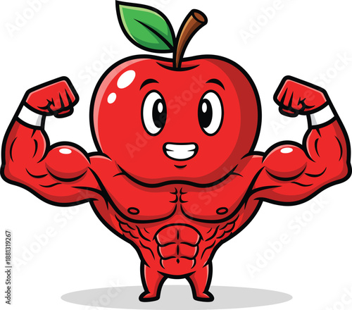Strong red apple cartoon mascot with a muscular bodybuilder physique flexing its powerful biceps.