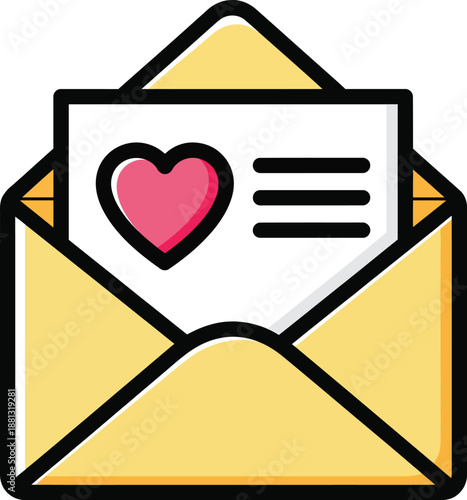 Stylized icon of an open yellow envelope revealing a love letter with a pink heart symbol.