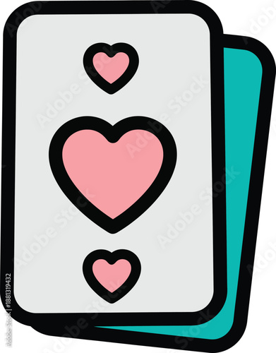 Stylized Three of Hearts playing card icon with bold black outlines and a pink heart design.