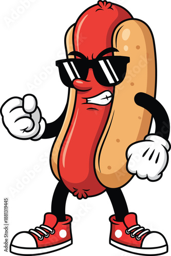 Tough cartoon hot dog mascot wearing sunglasses and red sneakers with a clenched fist and an angry expression.