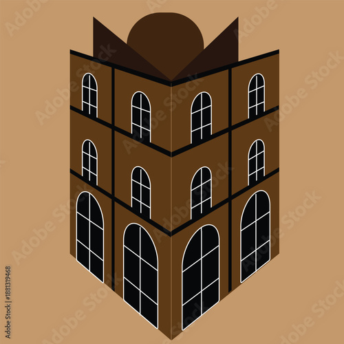 Isometric illustration of a stylized brown building facade with arched windows, featuring a dark circular element on top, presented in a graphic, geometric style against a solid tan background
