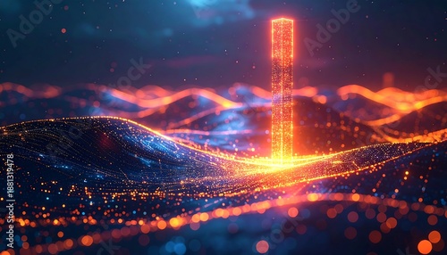 Digital landscape with glowing waves, particles, and a central pillar of light. Dynamic interplay of colors creates depth