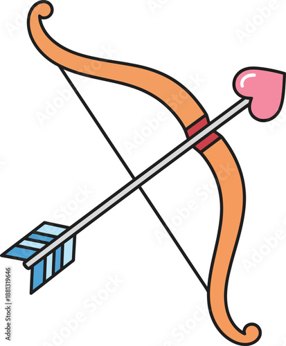Whimsical cartoon of Cupids orange bow with a pink hearttipped love arrow and blue fletching.