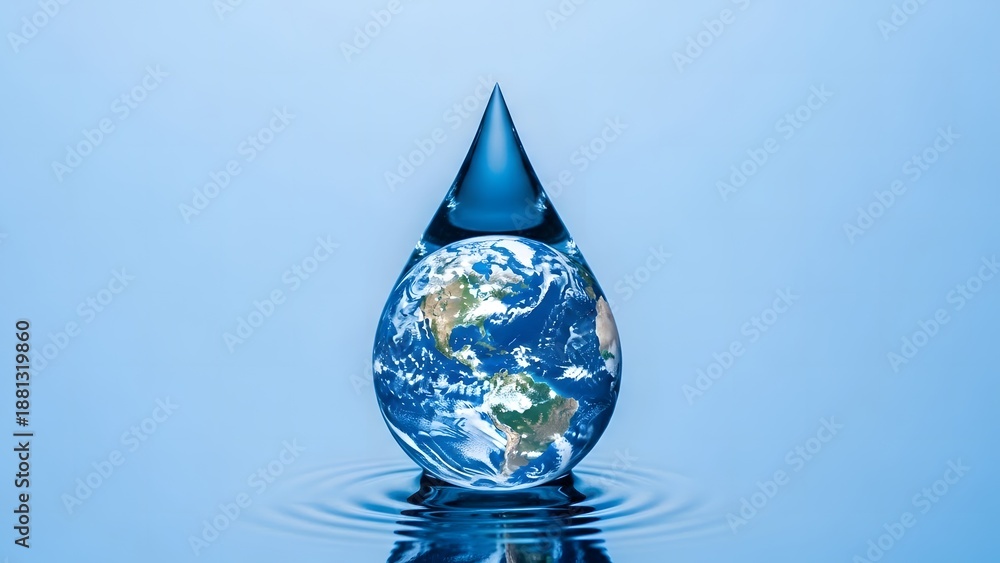 Obraz premium A pristine water drop encapsulates the Earth, beautifully symbolizing global environmental sustainability and the critical importance of water conservation for all life